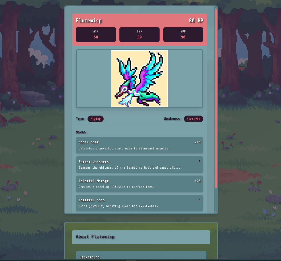 Project Paemon screenshot showing the pixel-art companion Flutewisp, its stats, type, and moves.