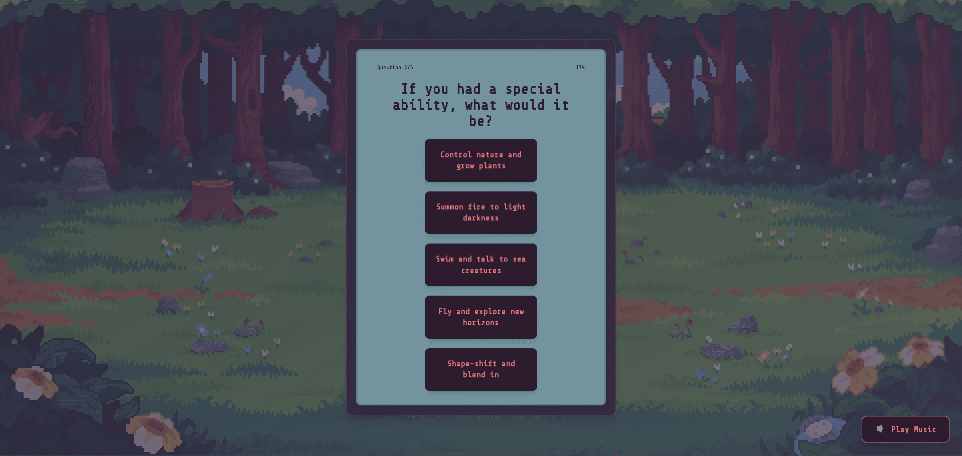 Project Paemon questionnaire asking which special ability the player would choose, over a pixel-art forest.